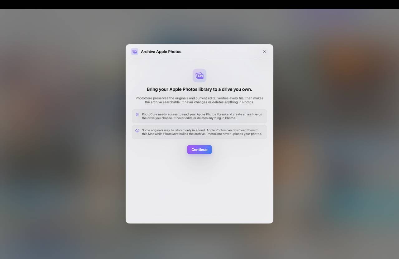 Pantalla inicial de Archivo de Apple Photos: PhotoCore explica qué hará antes de pedir acceso