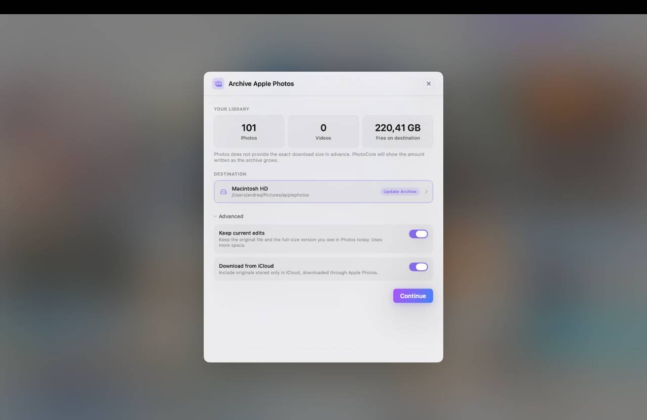 Configuración: elección del destino, con el preflight de la fototeca
